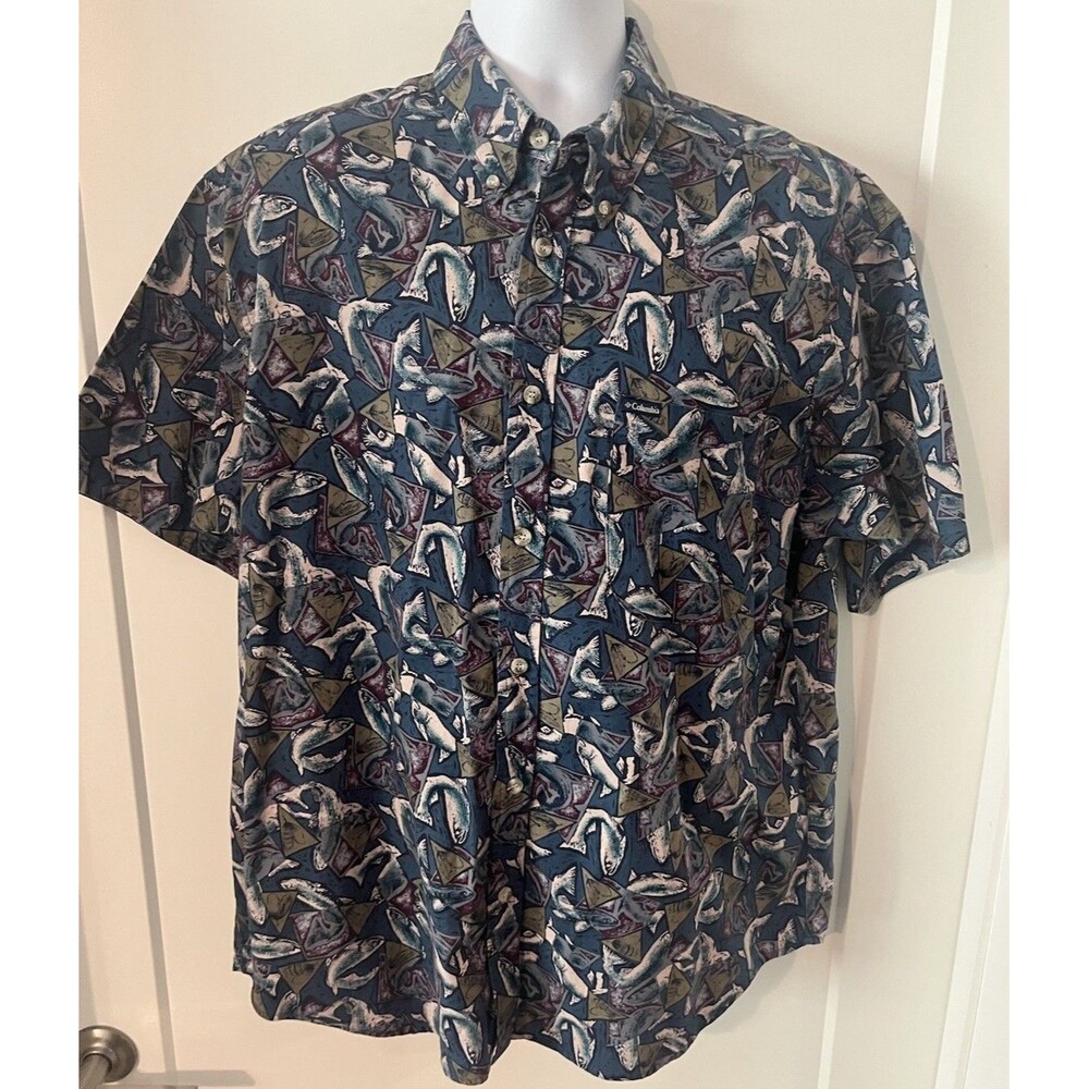 Vtg 90’s Columbia Short Sleeve Button-Up Shirt Fly Fishing Graphic Print XL